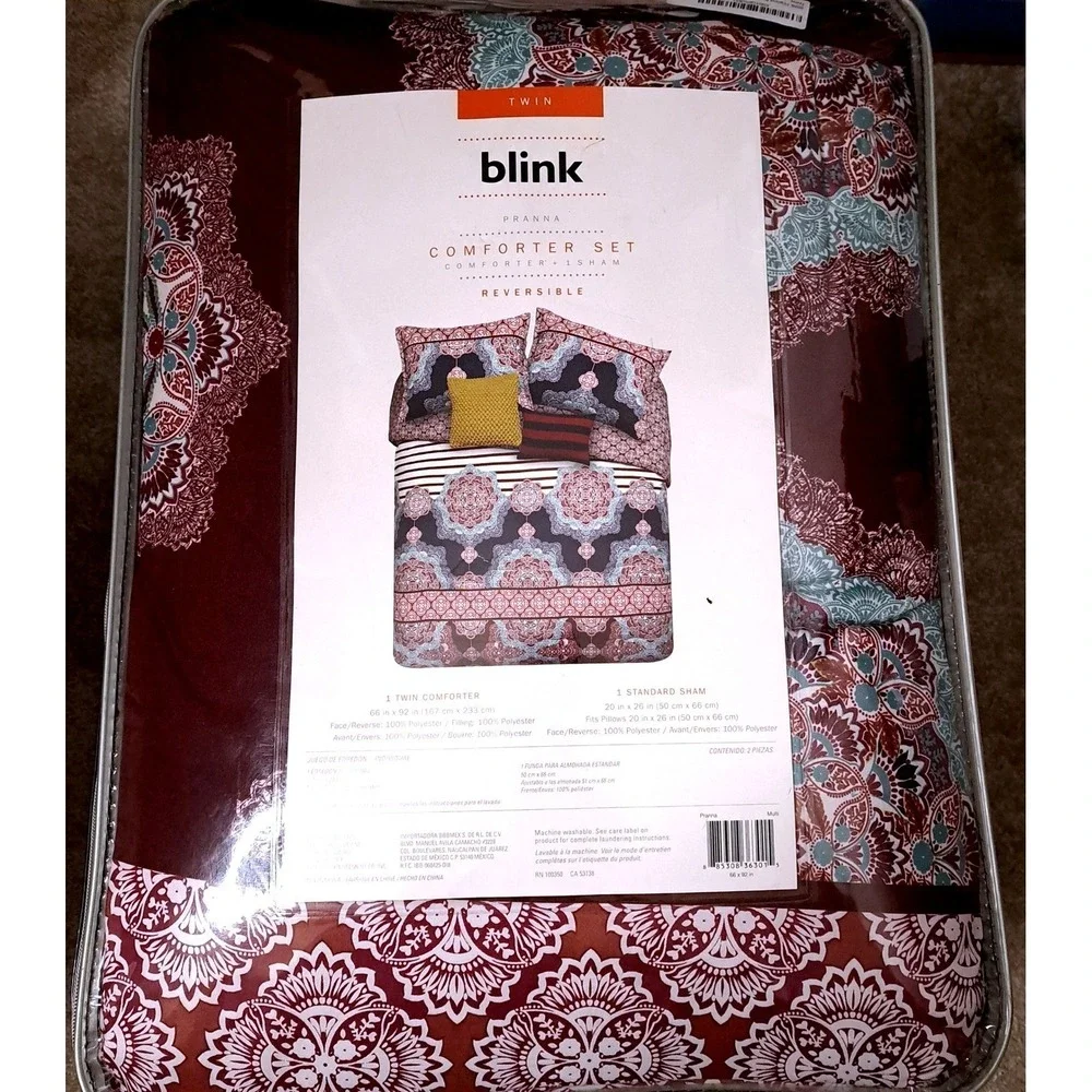 Blink Pranna Twin Reversible Comforter Set‎ Medallion Stripe Burgundy Navy 2pc